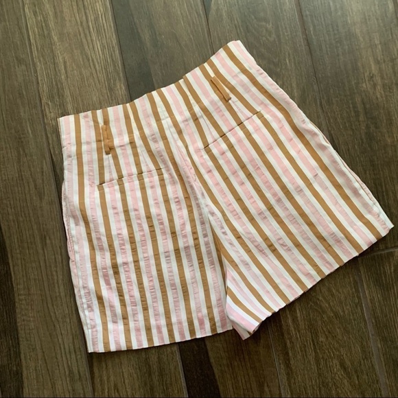 FRAME Pleated Pink Striped High Waisted Shorts Copper Multi Sz 2 - Picture 7 of 10